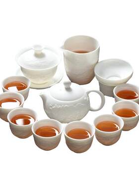 羊脂玉素烧套组手工浮雕龙凤