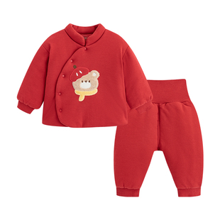 麦拉贝拉宝宝夹棉分体套装红色冬装婴幼儿衣服新年家居棉衣