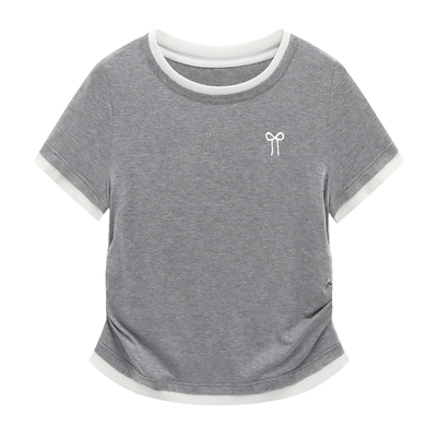 Basic House百家好夏新款撞色圆领正肩T恤女收腰短袖天丝上衣