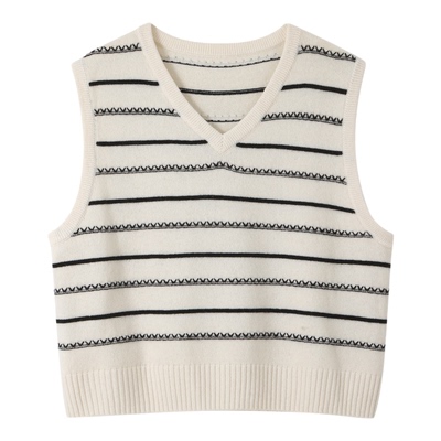 [清风月]bbfer本依凡针织马甲V领条纹100绵羊毛马夹背心0032