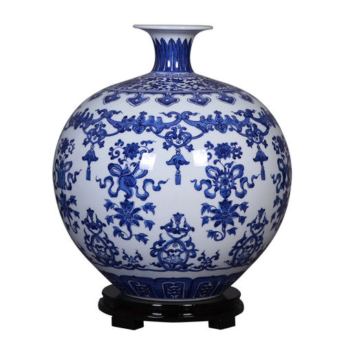 景德镇陶瓷花瓶手绘青花瓷中式餐桌客厅插花石榴瓶摆件小号工艺品