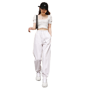 白色运动裤女夏薄款宽松束脚春秋小个子棉休闲阔腿灯笼卫裤ins潮
