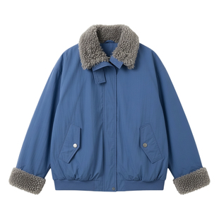 美式复古设计感蓝色毛毛拼接夹克棉服秋冬厚保暖棉袄派克服外套女