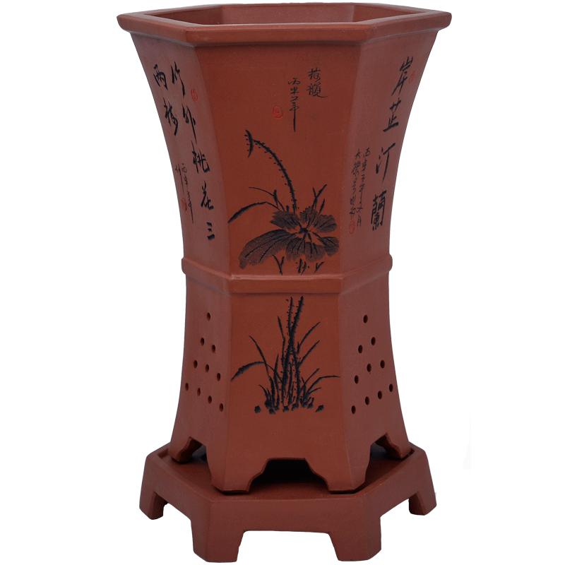 六方精品刻绘兰草古典风紫泥花盆