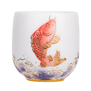 陈德根纯手工浮雕主人杯羊脂玉瓷高端品茗杯送礼手绘茶杯年年有鱼