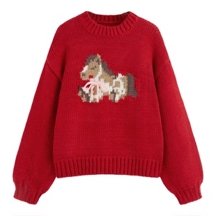 【明星同款】CIDER小马毛衣新年穿搭针织长袖女红色上衣115162127