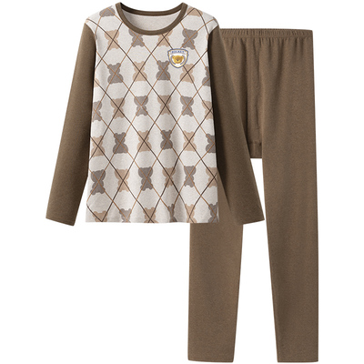 英博伦冬季男童加厚秋衣秋裤纯棉保暖中大童内衣套装儿童圆领睡衣