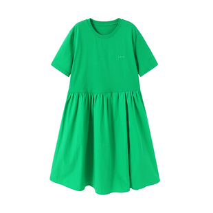 URLAZH有兰秋季新款小众时尚绿色好心情圆领拼接伞形短袖连衣裙女