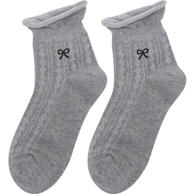 韩国吸汗女士棉蝴蝶结卷边中筒袜