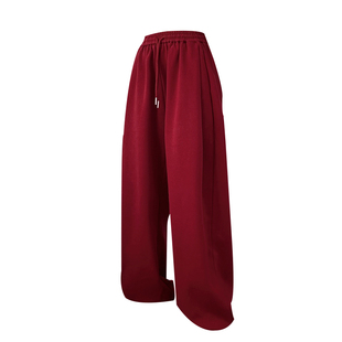 大码梨形身材酒红色运动裤女早秋胖mm高腰抽绳卫裤宽松显瘦阔腿裤