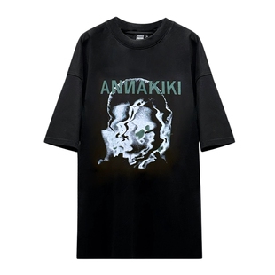 ANNAKIKI T恤 小众设计师款女装 黑色Logo扭曲人像印花短袖T恤