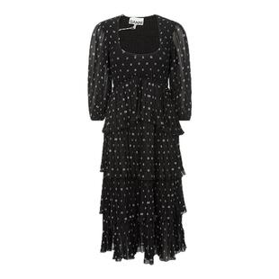 GANNI春季新款黑白色荷叶边五分袖法式长款连衣裙蛋糕裙银泰