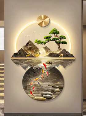 流水生财新中式玄关装饰画入户正对门壁画灯走廊过道山水高端挂画