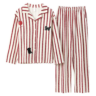 有内情侣纯棉睡衣女款2025新长袖抗菌A类条纹时尚家居服秋冬套装