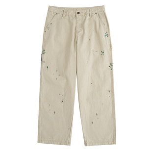 UrbanStandard日系泼墨做旧伐木牛仔裤男春季宽松复古直筒工装裤