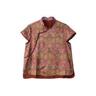 溯也 100%桑蚕丝红云纱提花新中式真丝上衣女波浪立领短袖小衫夏