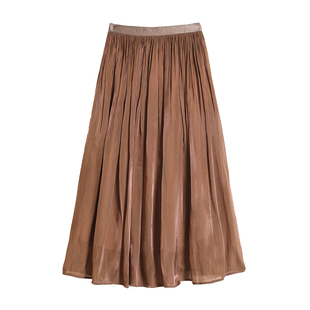 高腰珠光流光纱半身裙女2026新款抽绳针织t恤夏两件套装裙a字伞裙