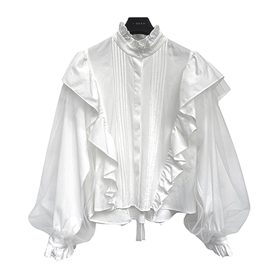 sdeer复古木耳边网纱泡泡袖衬衫