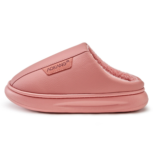 奥康秋冬季皮拖鞋女居家用室内保暖防水防滑厚底毛绒保暖棉拖鞋男