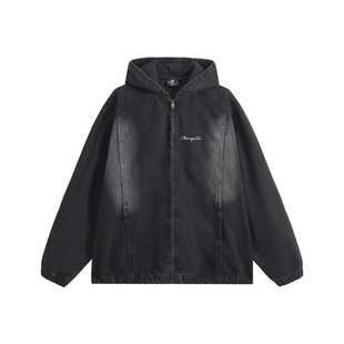 清 MANYSTON美式高街连帽休闲外套男款春秋欧美街头黑色牛仔夹克