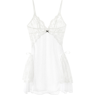 好奇蜜斯蕾丝吊带睡裙女性感夏薄睡衣2025新款花边法式纯欲白短款