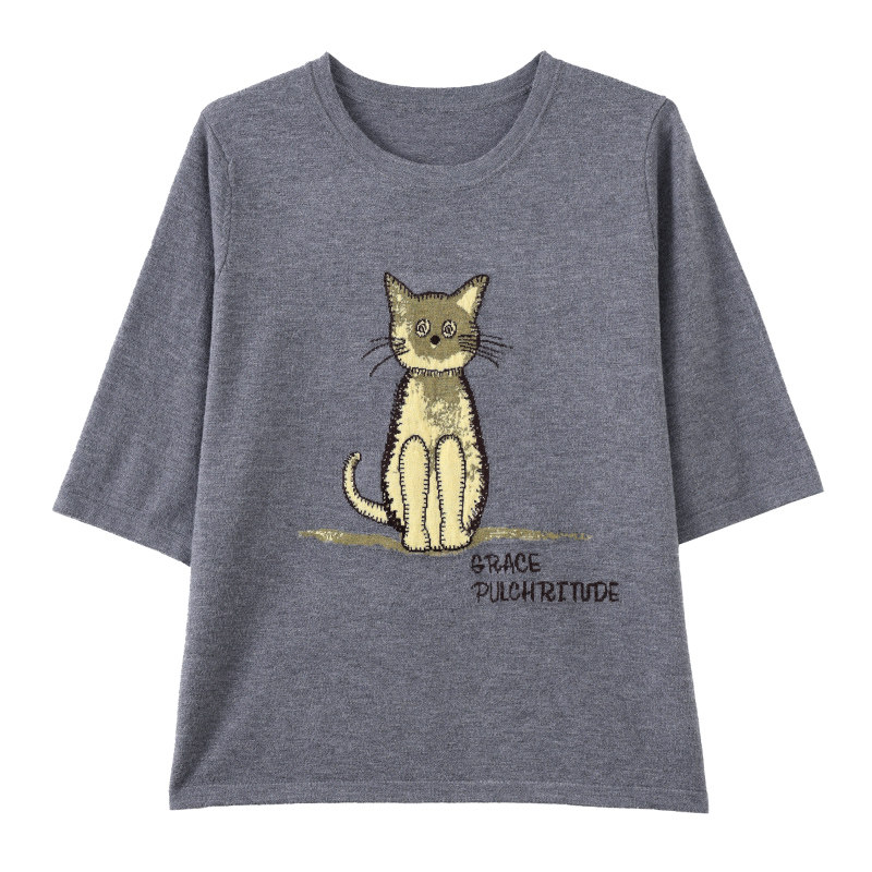 卡通猫咪印花中袖针织衫
