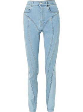 Mugler 女弹力边饰高腰紧身蓝色牛仔裤