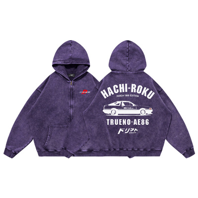 TEE7头文字D拓海AE86日系原宿水洗做旧纯棉宽松连帽开衫杰伦赛车