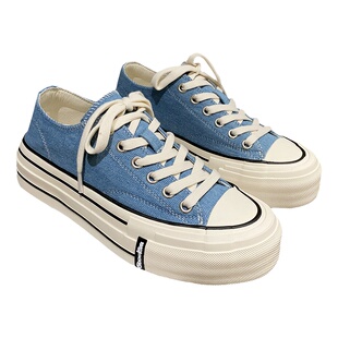 真皮系带低帮帆布鞋女2026年新款学院风百搭厚底圆头休闲板鞋女