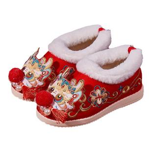 汉服鞋男童棉鞋冬虎头鞋2025新款加绒古风手工宝宝拜年儿童绣花鞋