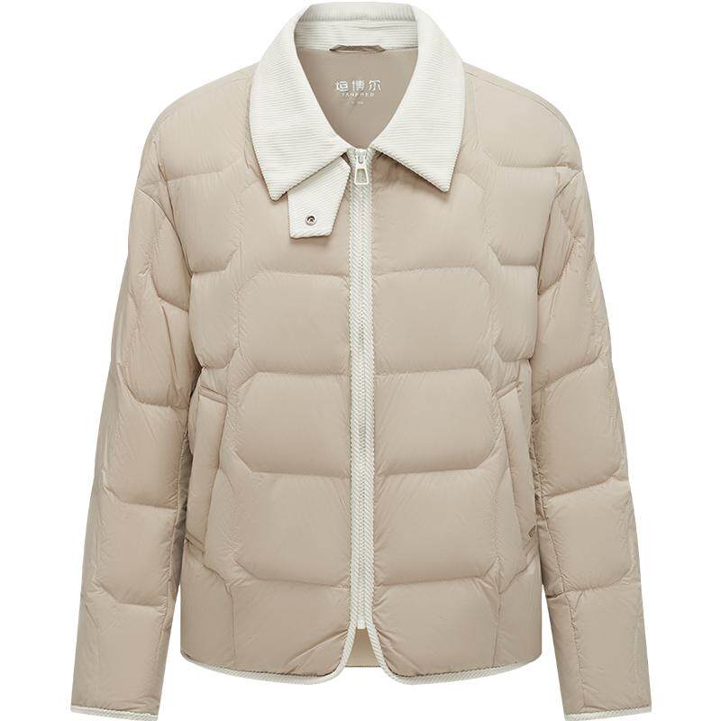 坦博尔饼干羽绒服女翻领秋冬季新品衬衫领时尚撞色灯芯绒拼接外套