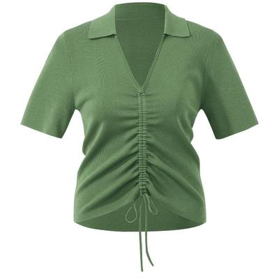 歌莉娅夏季短袖上衣绿色V领抽绳
