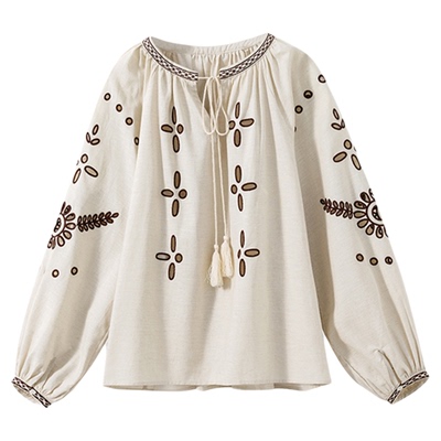 灯笼袖流苏刺绣衬衫+A字半裙套装