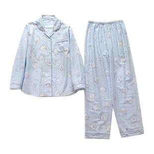 春秋卡通玉桂狗全棉双层纱布女士女生睡衣长袖春夏纯棉麻长袖套装