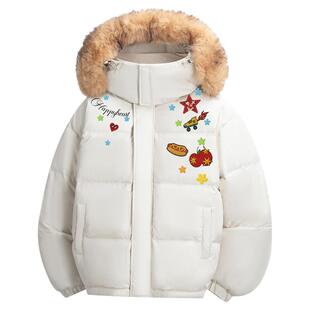 查尔斯桃心连帽毛领羽绒服男冬季图案印花加厚保暖85鸭绒情侣外套