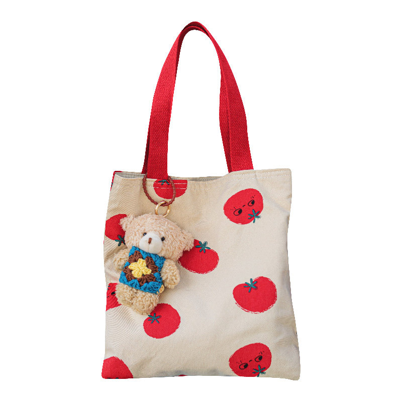 红番茄日系印花西红柿帆布包女撞色手提包小熊挂件腋下包可爱小包