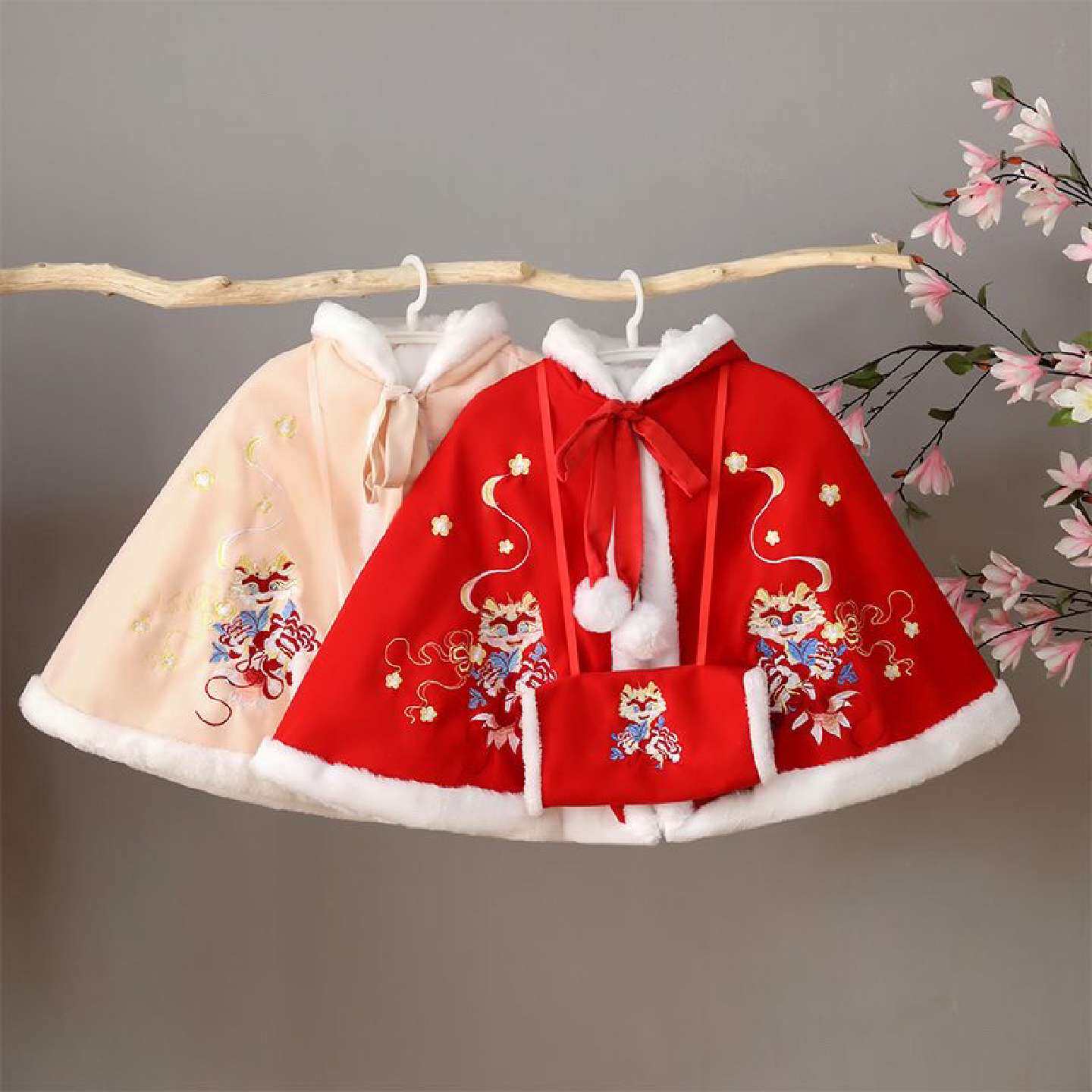 冬款汉服披风斗篷儿童秋冬加绒加厚拜年服冬季防寒披风婴幼儿斗篷