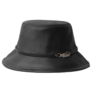 疯帽子 韩版时尚PU皮质渔夫帽 设计感金属扣黑色帽子新款秋季