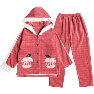 圆人睡衣女士秋冬款珊瑚绒加厚加绒红色可爱大码本命年家居服套装