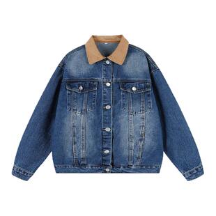 GOOZI MADE 美式水洗蓝色牛仔外套男春季复古灯芯绒拼接工装夹克