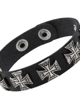 皮质亚比风朋克手镯古银色十字架五角星复古手链暗黑哥特手环饰品