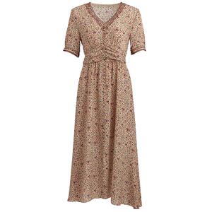 海兰丝HOT夏季新款气质度假风碎花长裙优雅短袖桑蚕丝真丝连衣裙