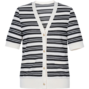 XG雪歌黑白撞色条纹毛针织衫时尚夏季新款V领薄款开衫短袖上衣女