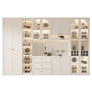 奶油风餐边柜高柜一体靠墙酒柜家用美式橱柜客厅茶水柜实木储物柜