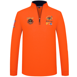 立领长袖T恤男装半拉链POLO衫纯棉半高领男橙色上衣T体恤秋冬季潮