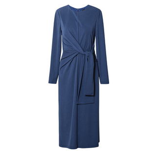 罗衣时尚设计感系带针织连衣裙女春职场通勤纯色长袖中长裙12527