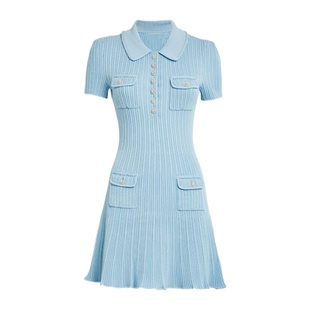 2026早春新款女装象牙白精致条纹翻领短袖针织连衣裙小香风短裙子