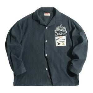 马登工装美式复古墨绿衬衫桃皮绒磨毛刺绣宽松翻领保龄球衬衣男秋