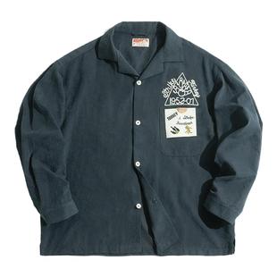 马登工装美式复古墨绿衬衫桃皮绒磨毛刺绣宽松翻领保龄球衬衣男春