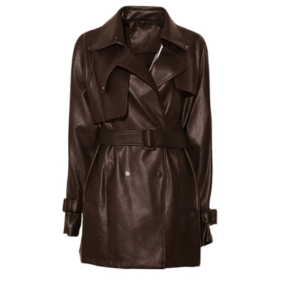 DPLAY2025年冬季新款棕色皮衣外套女流行复古短款收腰翻领上衣